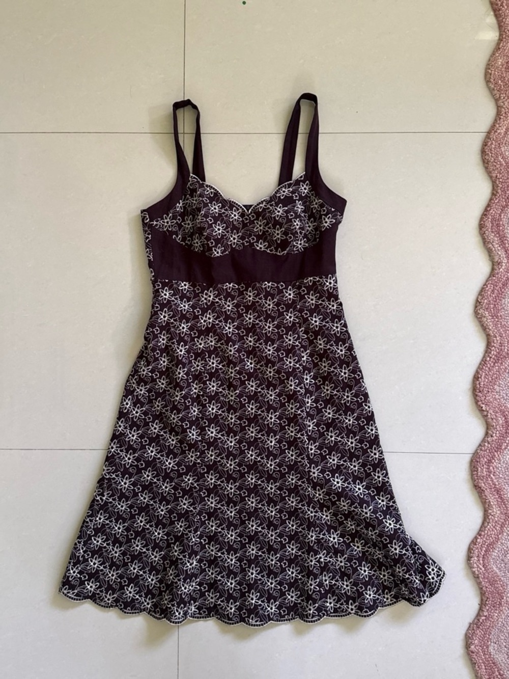 Nicole Miller Brown Floral Embroidered Sun Dress with Scalloped Trim